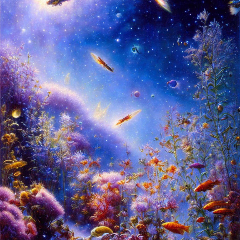 Colorful cosmic landscape with flowers, fish-like creatures, stars, planets, and nebulae.