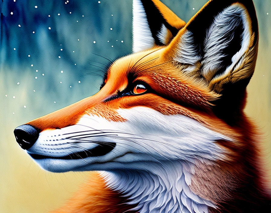 Vibrant fox head profile with detailed fur texture on blue and white starry backdrop