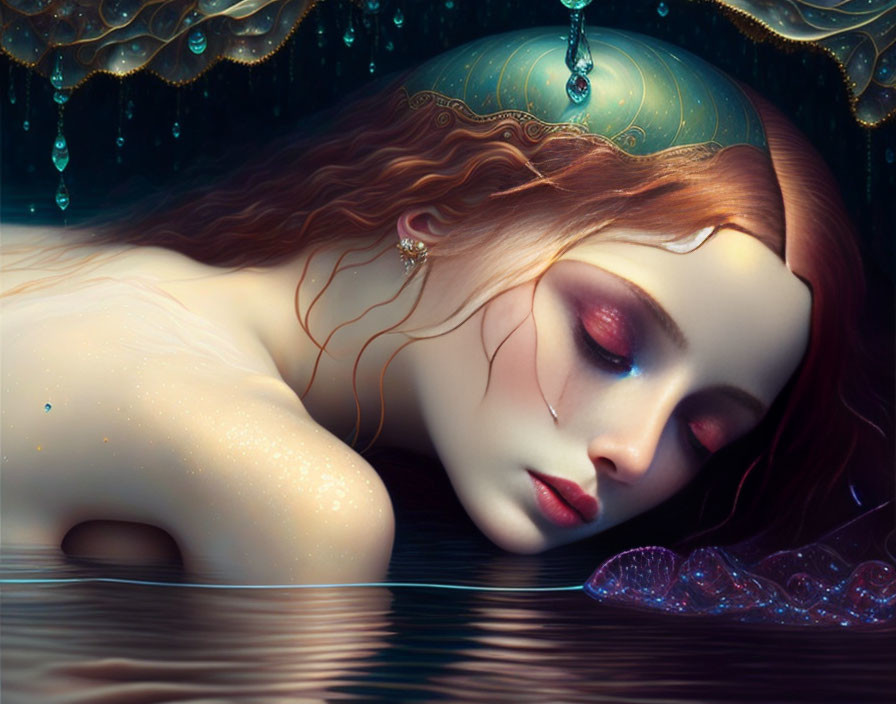 Surreal underwater illustration with woman and jellyfish-like creatures