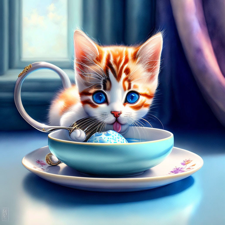 Illustration of orange and white kitten in teacup with blue eyes and polka-dotted ball