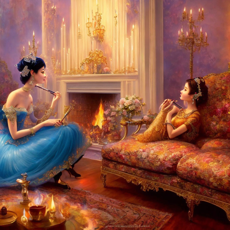 Two elegantly dressed women in luxurious room with fireplace, one playing flute and the other listening.