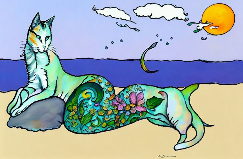 Colorful whimsical cat with mermaid tail on sea rock at sunset