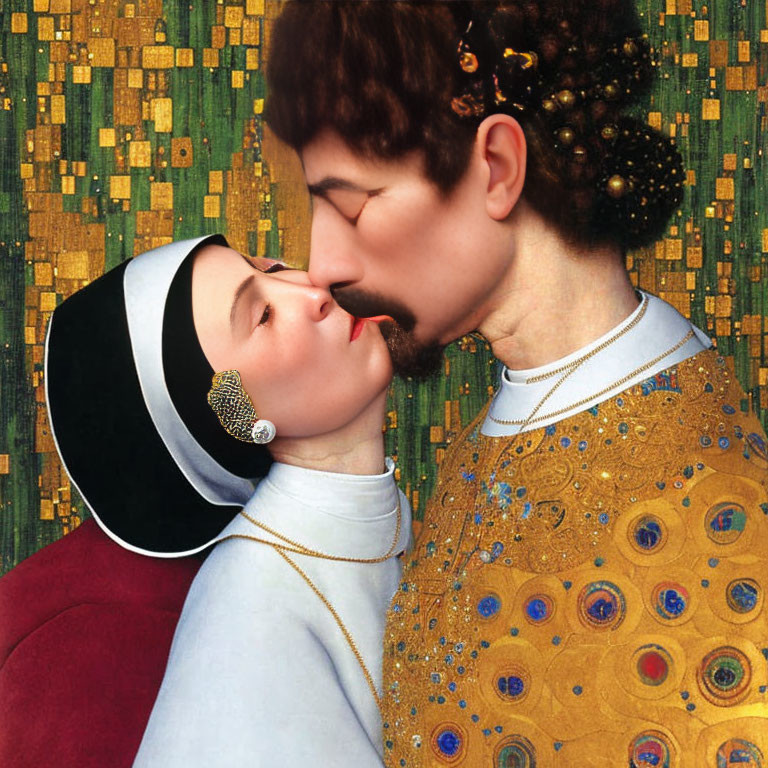 Digitally altered image blending Gustav Klimt's "The Kiss" with a realistic kiss scene