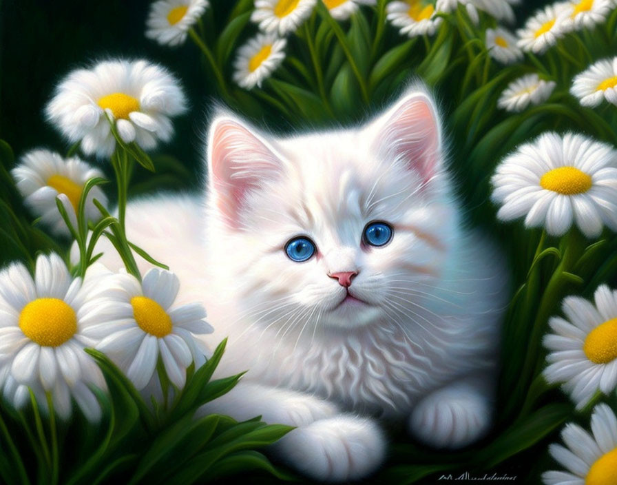 White Kitten with Blue Eyes Resting in Daisies