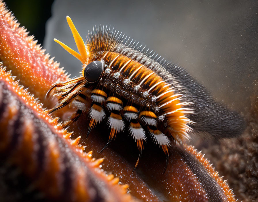 Orange and Black Striped Caterpillar with Long Antennae on Brown Surface