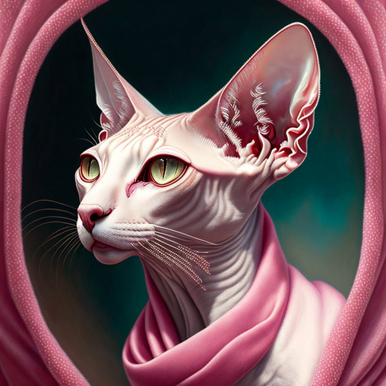 Hairless cat with prominent ears and yellow eyes in pink scarf on dark background