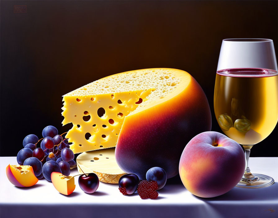 Assorted fruits and cheese with white wine on dark table