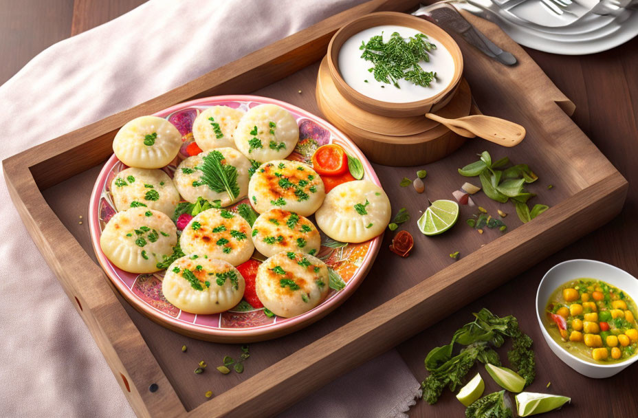 Savory dumplings with herbs, sour cream, corn, and peas on wooden table