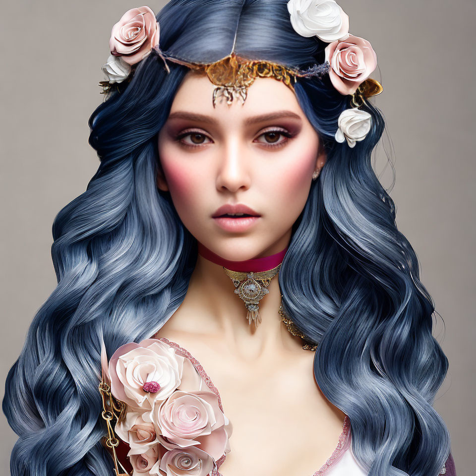 Vibrant makeup on woman with wavy blue hair and floral crown