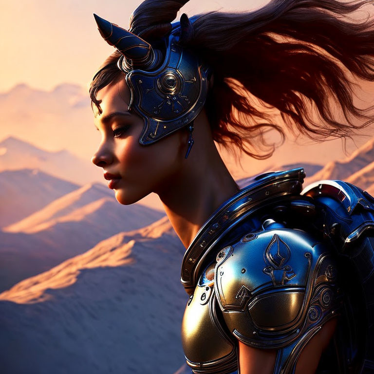 Elaborate armored female warrior at sunrise in the desert