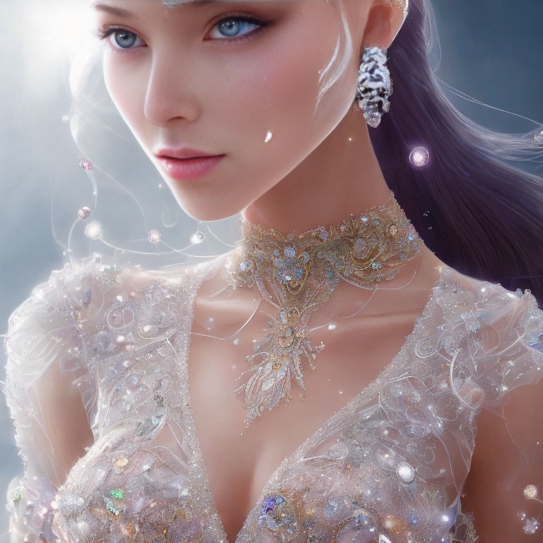 Digital artwork of a woman in elaborate gown with sparkling jewelry and serene expression, surrounded by floating beads.