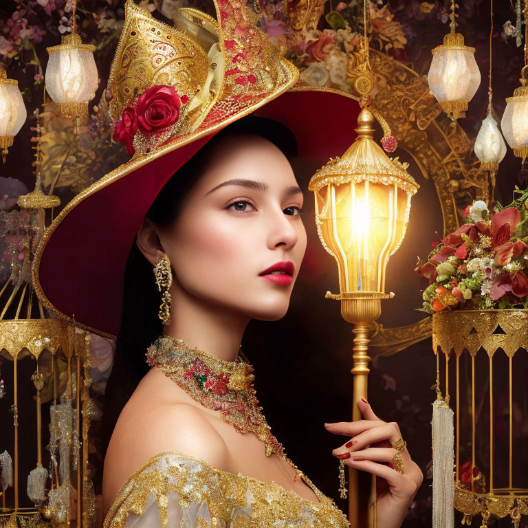 Woman in ornate golden and red hat with jeweled choker, surrounded by golden lamps and gates