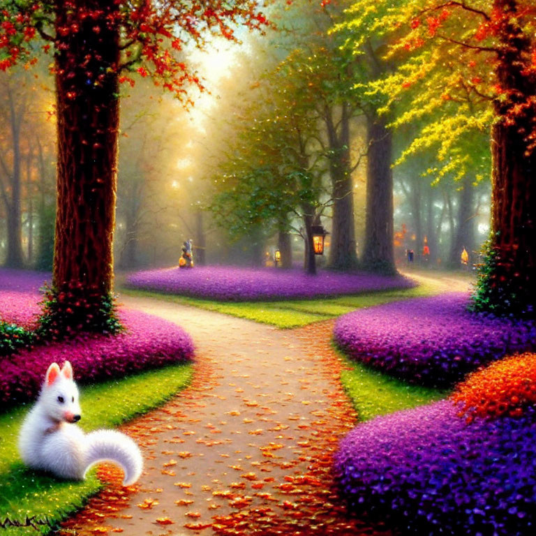 Vibrant park with purple flowerbeds, tall trees, and a white squirrel