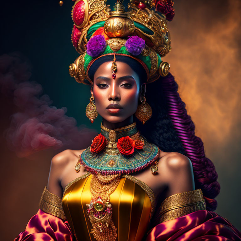 Regal woman in luxurious costume with headdress and jewelry on moody backdrop