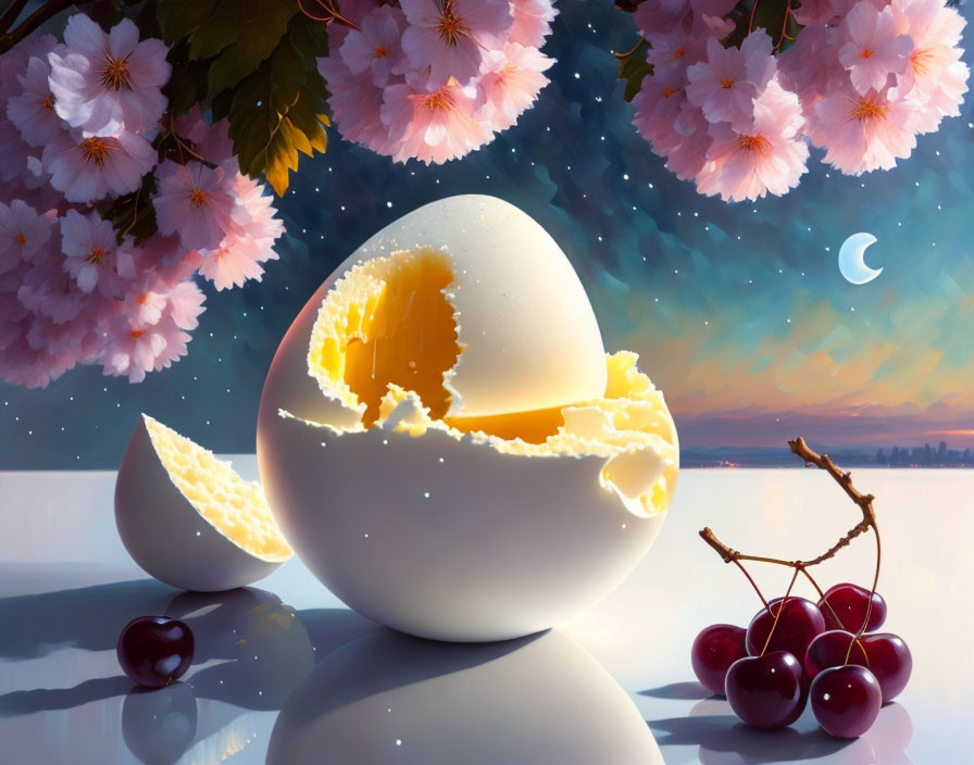 Surreal image of cracked egg, glowing yolk, cherry blossoms, cherries, twilight