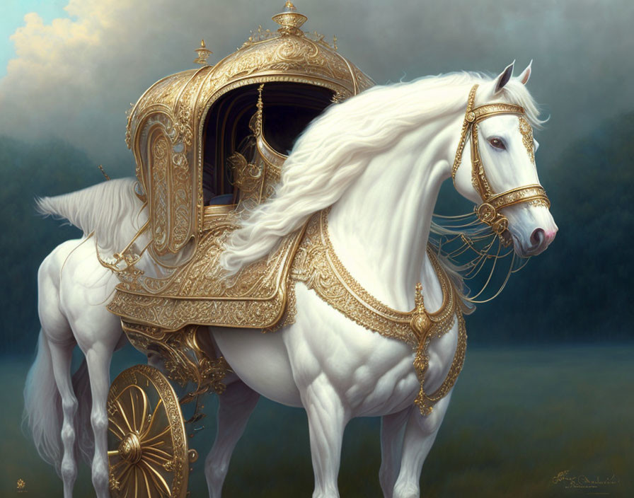 White Horse with Golden Mane Pulling Ornate Carriage in Misty Forest