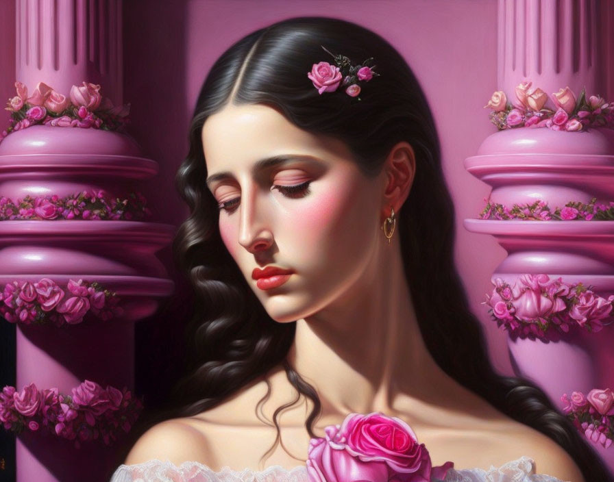 Contemplative woman with roses in dark hair against pink columns