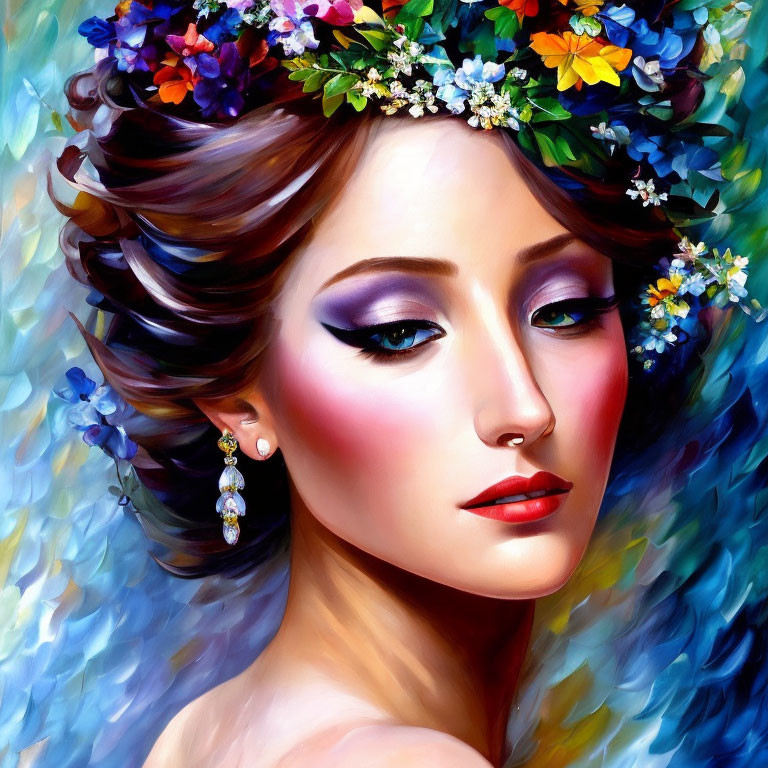 Detailed illustration of woman with floral crown, vibrant makeup, and earrings against colorful background