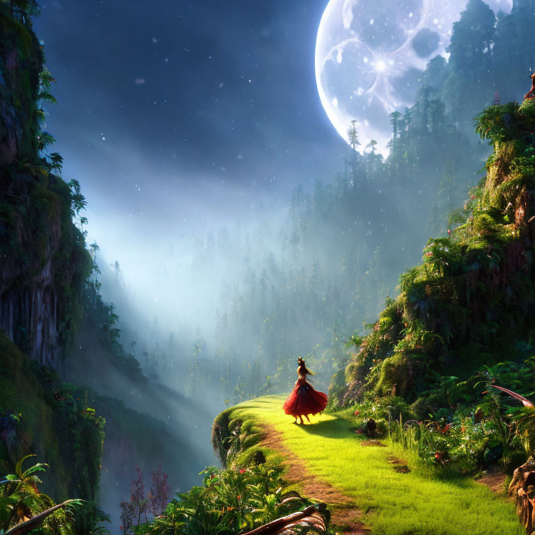 Person in red cloak on verdant path in mystical forest under large moon and stars