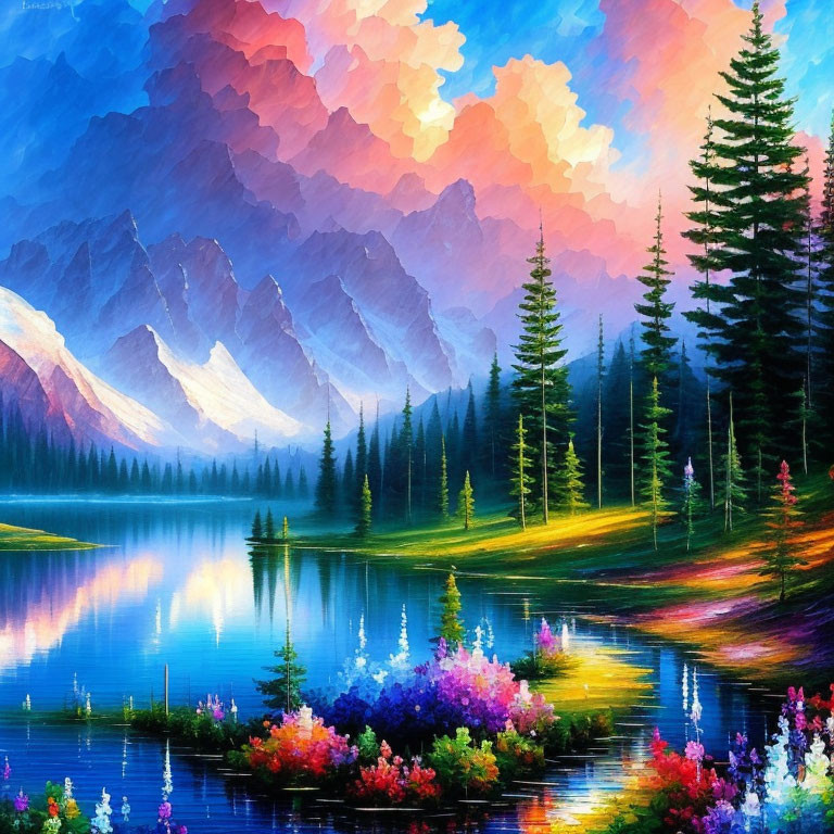 Colorful Mountain Landscape with Lake, Trees, and Flowers under Dramatic Sky