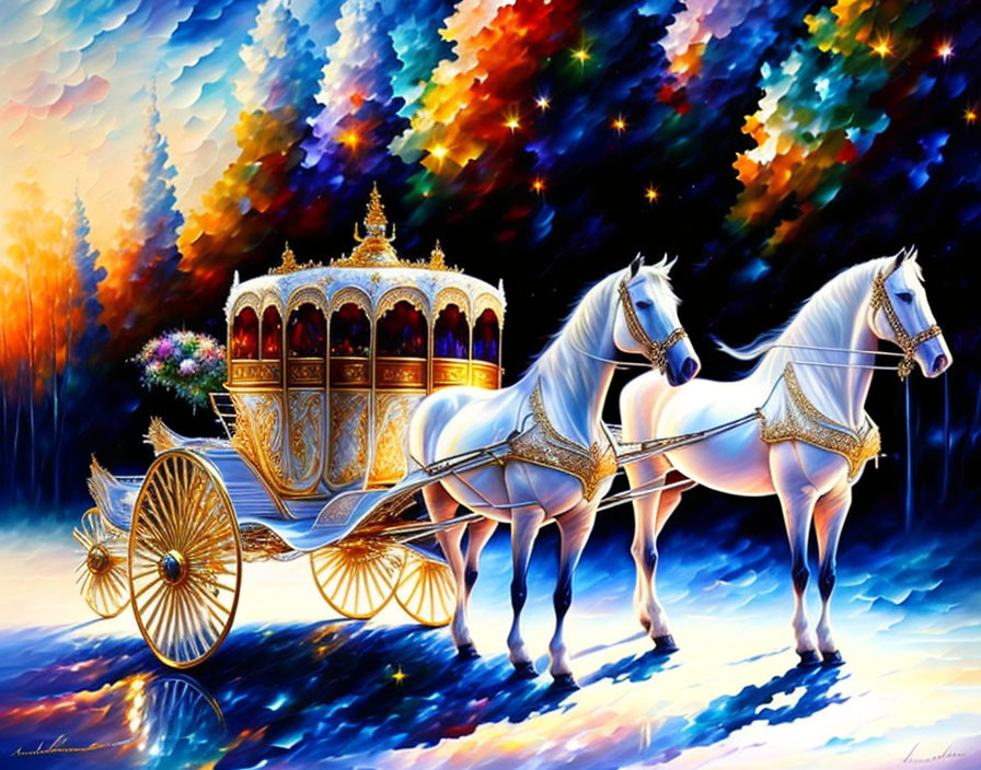 Golden Carriage Pulled by White Horses in Colorful Nebula Setting