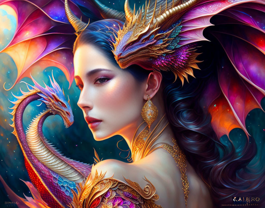 Fantastical portrait of woman with dragon-like features and vibrant dragon