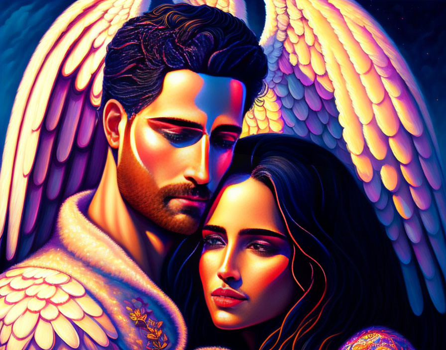 Colorful digital painting of man and woman with angel wings embracing.