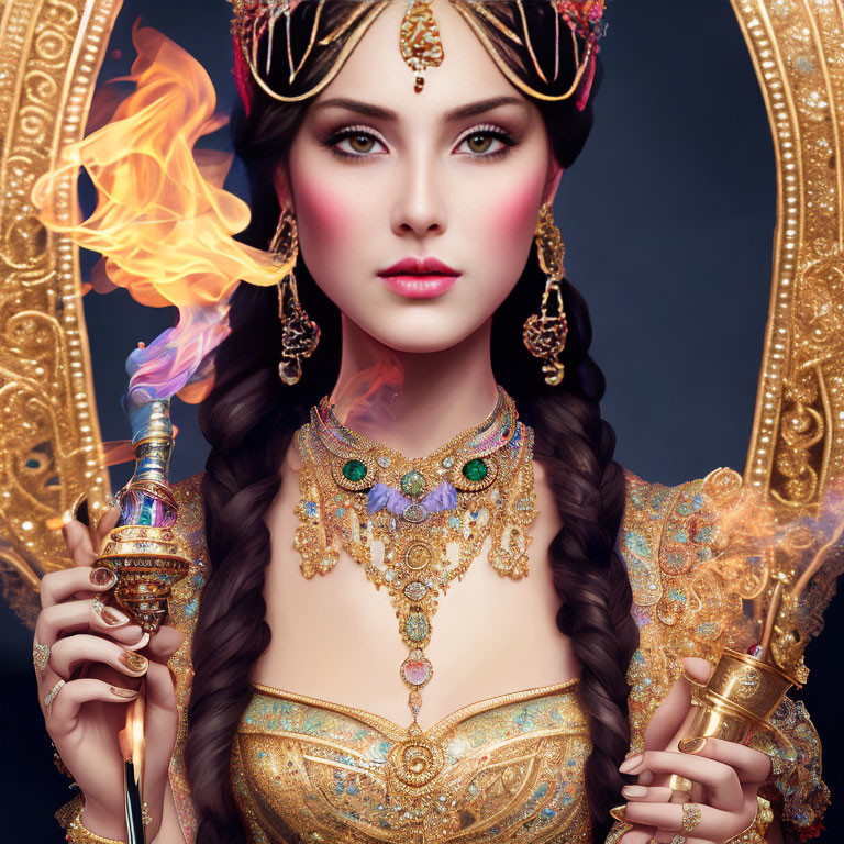 Braided hair woman with jeweled headdress holding flaming torch