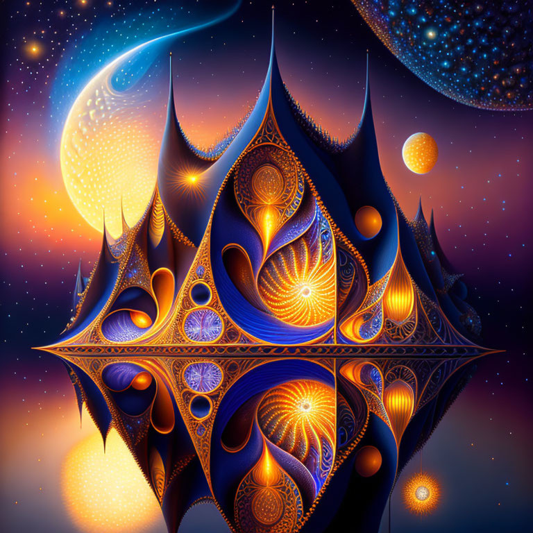 Symmetrical cosmic digital artwork with fractal patterns