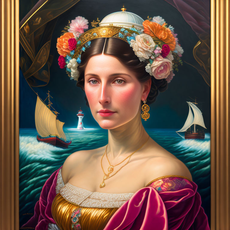 Maritime-themed portrait of a woman with ships, lighthouse, floral crown, and classical attire