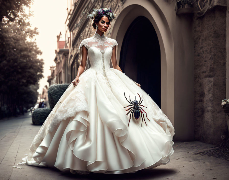 Elegant bride in voluminous white gown with spider brooch on city street