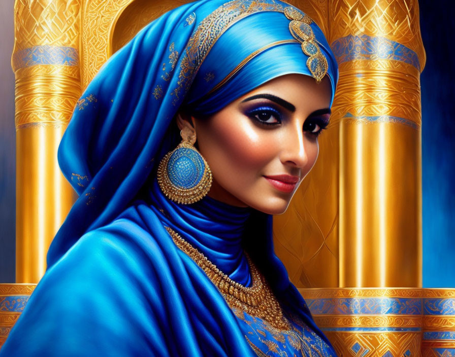 Woman in Blue Headscarf and Jewelry on Golden Background