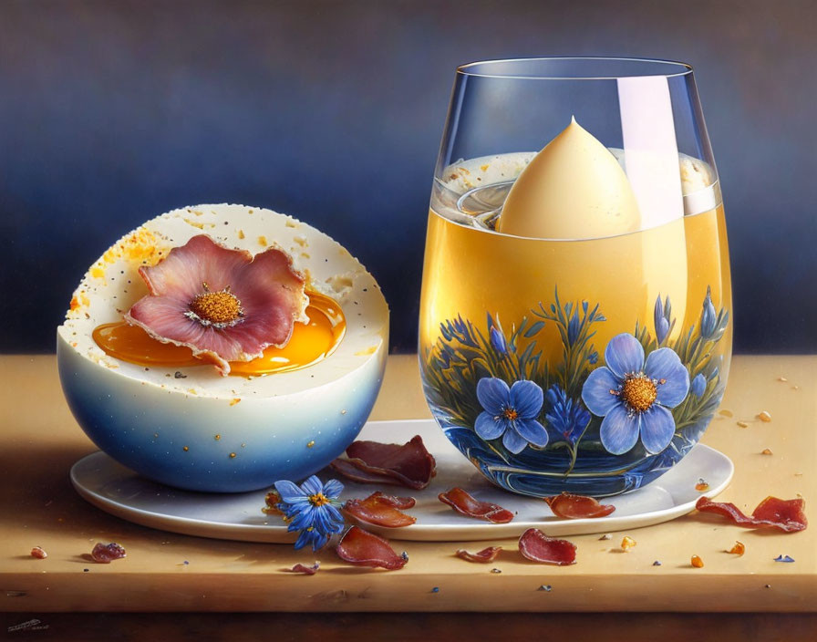 Hyperrealistic Painting of Glass with Egg Yolk, Flower, and Eggshell