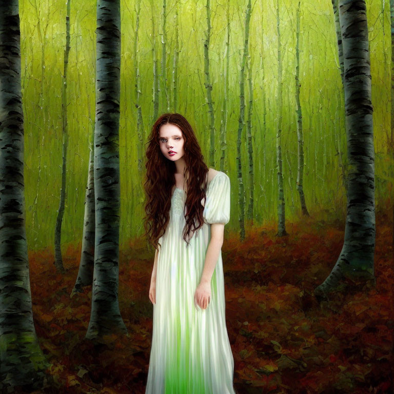 Woman with long wavy hair in white and green dress in moody birch forest.