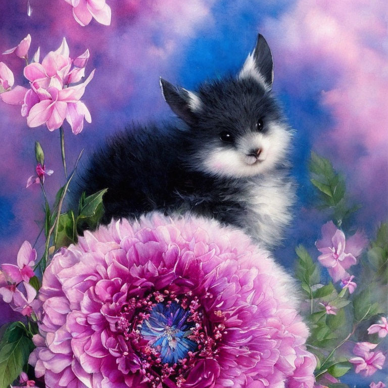 Fluffy Black and White Puppy on Pink Flower in Blue Background