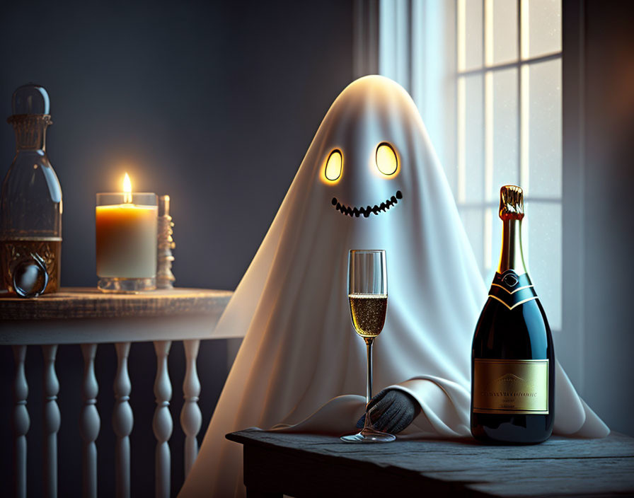 Ghost-shaped figure with candle, champagne bottle, and glass on table at night