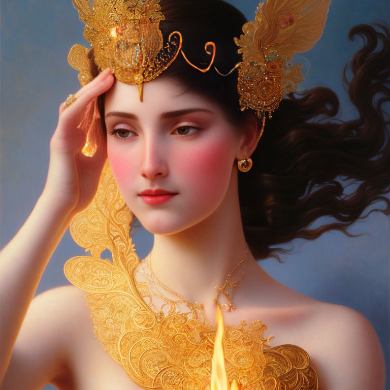 Golden headpiece woman in butterfly motif garment gracefully posing