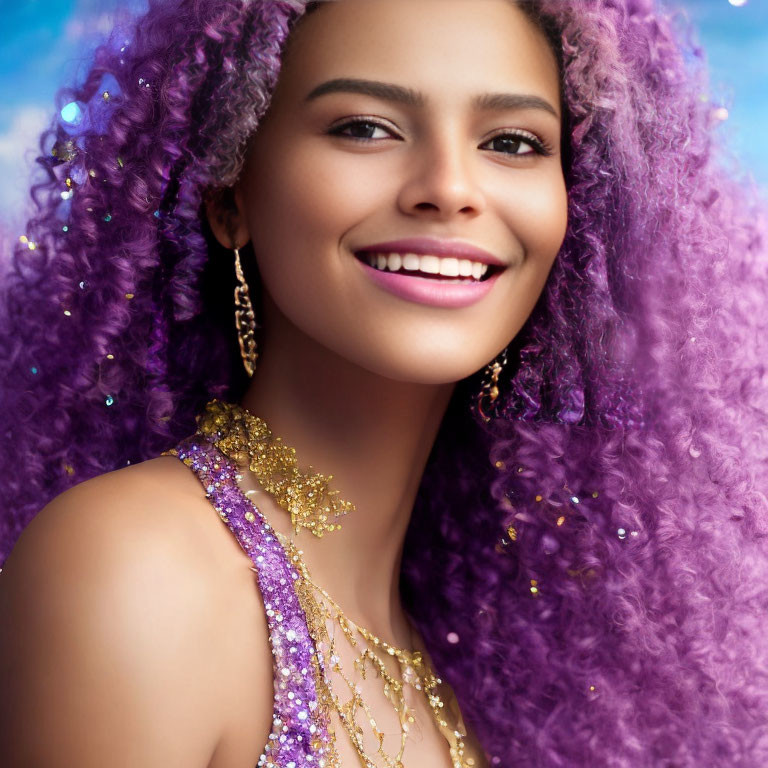 Vibrant Purple Curly Hair Woman in Sparkling Dress and Jewelry