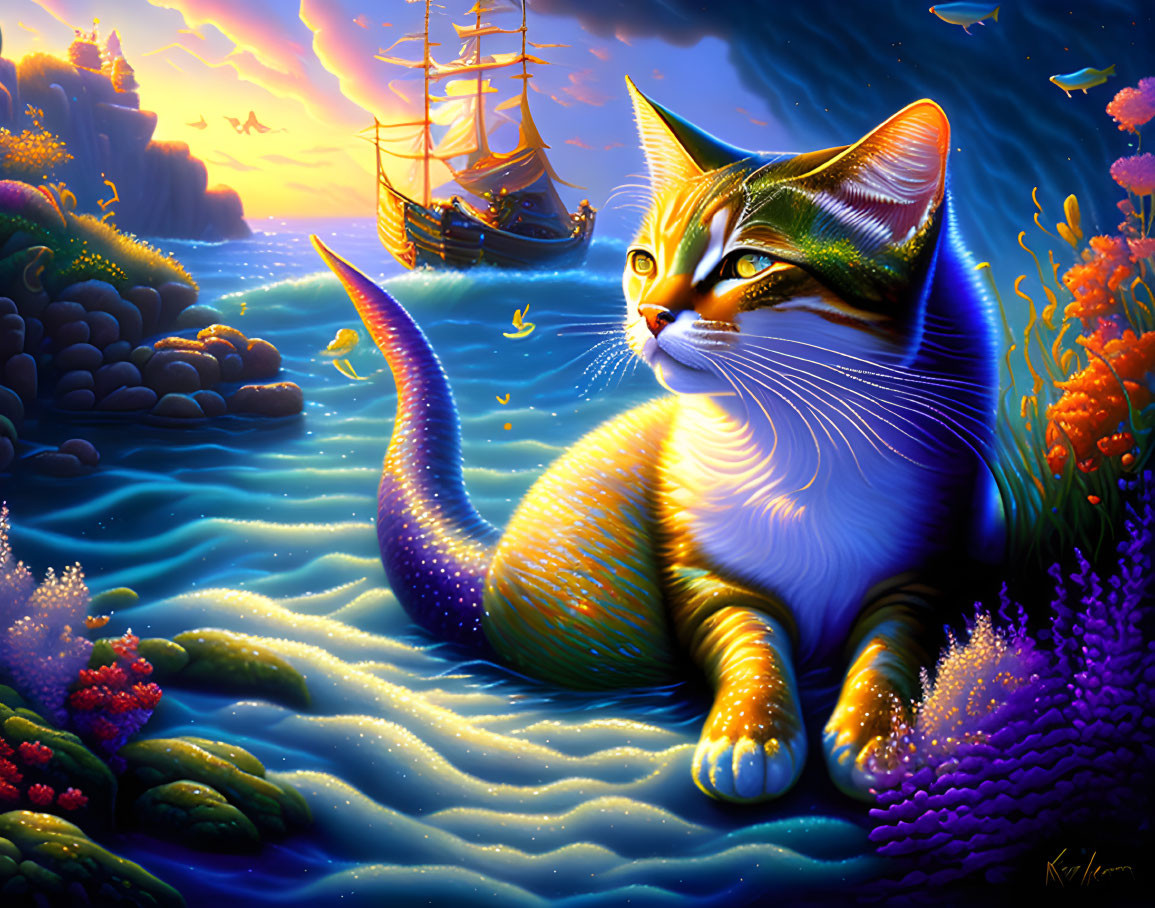 Colorful painting of cosmic-patterned cat by the sea at dusk