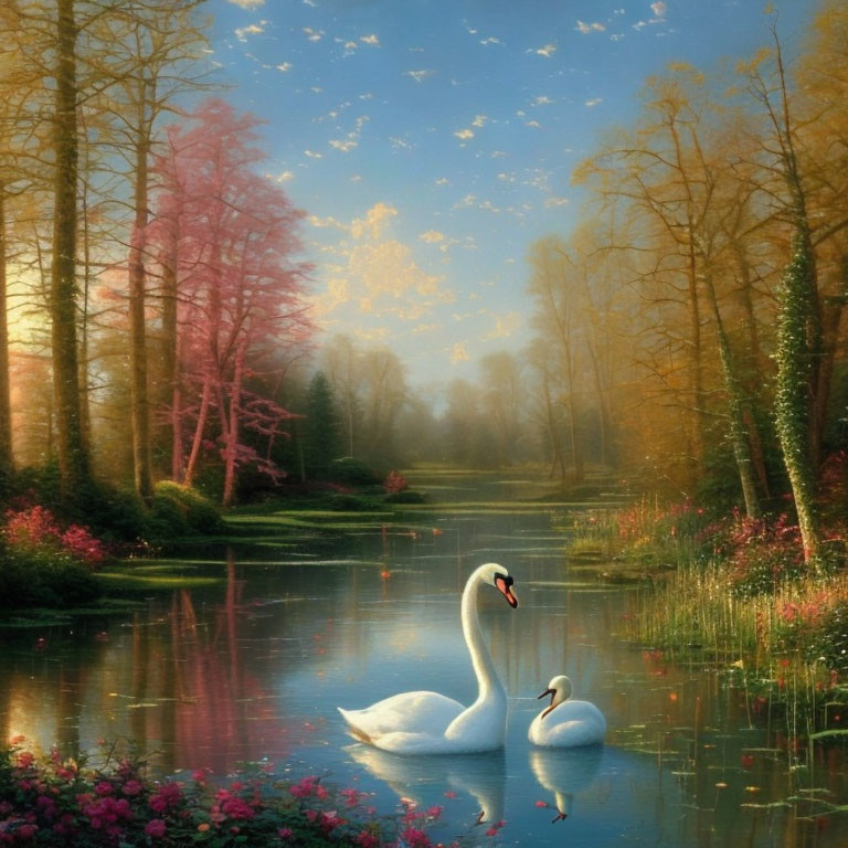 Tranquil lake scene with two swans and blossoming trees