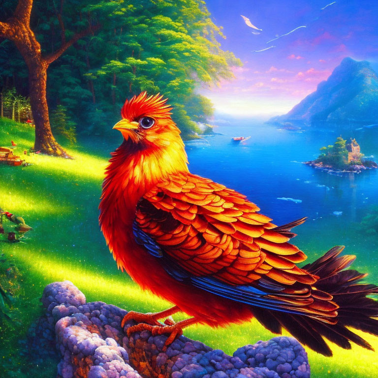 Orange feathered bird overlooking serene landscape at sunset