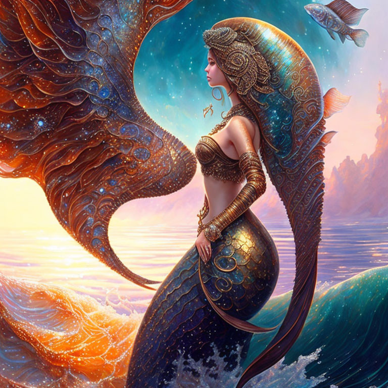 Fantastical mermaid with ornate tail near ocean's surface at sunset