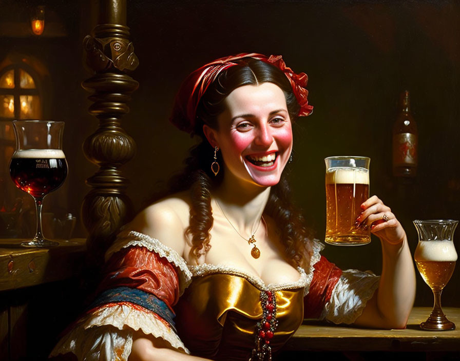 Traditional European garb woman holding beer in tavern setting