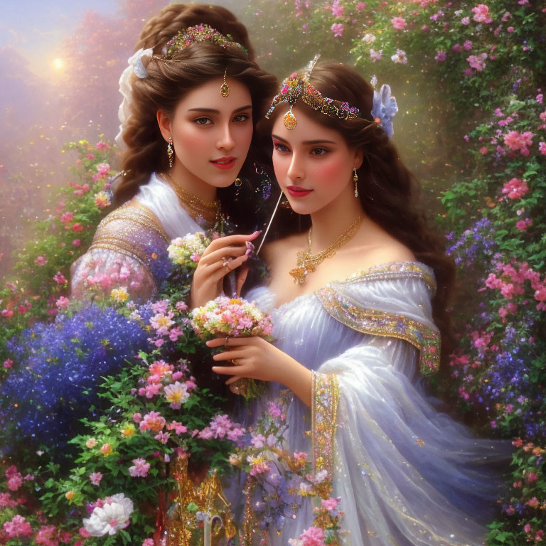 Two women in elegant gowns and ornate headdresses in a blooming garden scene.