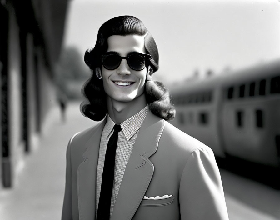 Monochrome photo of a smiling man in stylish suit by a train