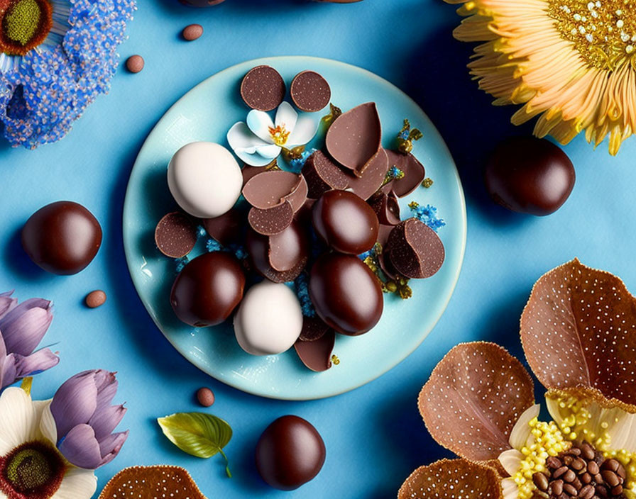 Assorted chocolate eggs with flowers on blue background