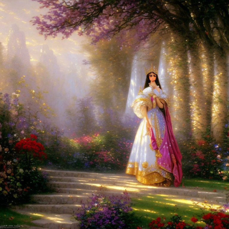 Luxurious gown-wearing princess in magical garden with vibrant flowers