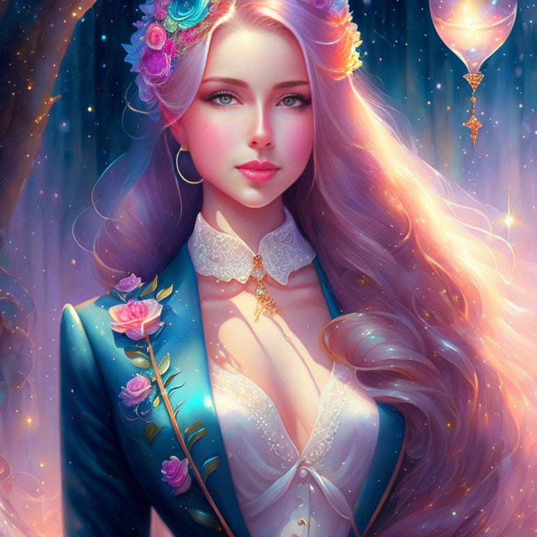 Fantasy female character with flowing hair and floral crown in magical setting