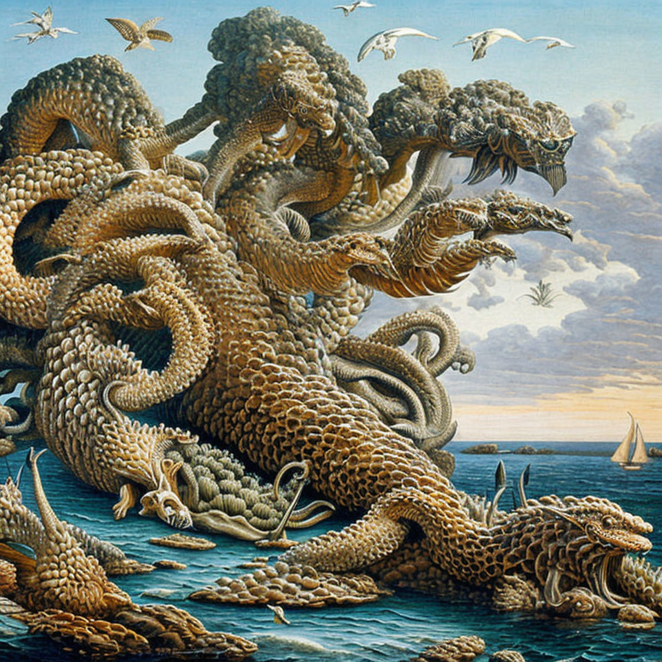 Detailed Illustration: Monstrous Multi-Headed Sea Dragon Rising from Ocean