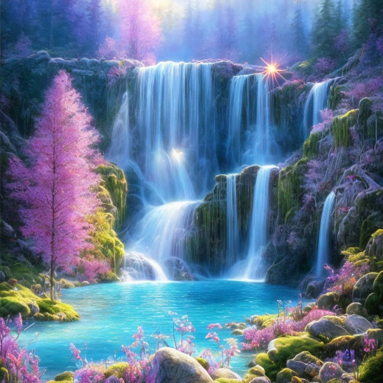 Fantastical landscape with cascading waterfall, blue pond, pink trees, and sparkling sunlight